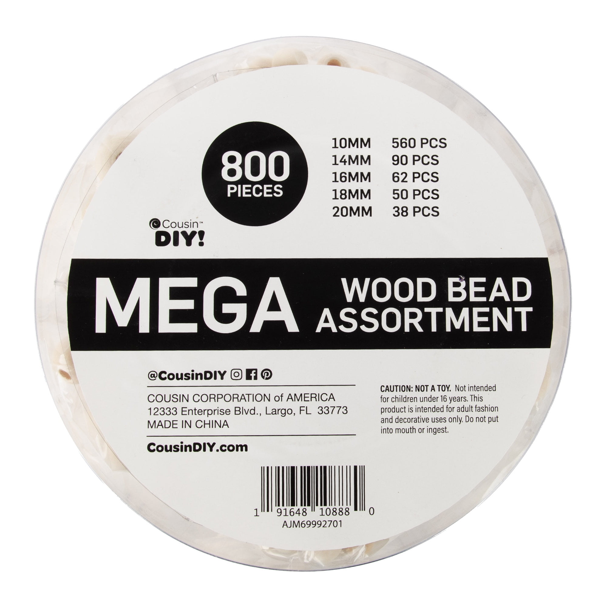 Cousin DIY Natural Wood Bead Bulk Assortment, Sizes 10mm-20mm, 500g, 800 Piece,Unisex for Adults