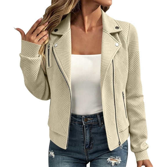 KyCheLot Coats for Women Lapel Collar Long Sleeve Solid Color Outdoor Coat Trendy Multi-zipper Jackets with Pocket