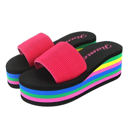 

Dvkptbk Slippers Women s Summer Slippers Platform High-heel Rainbow Platform Wedges Shoes Hot Pink 38