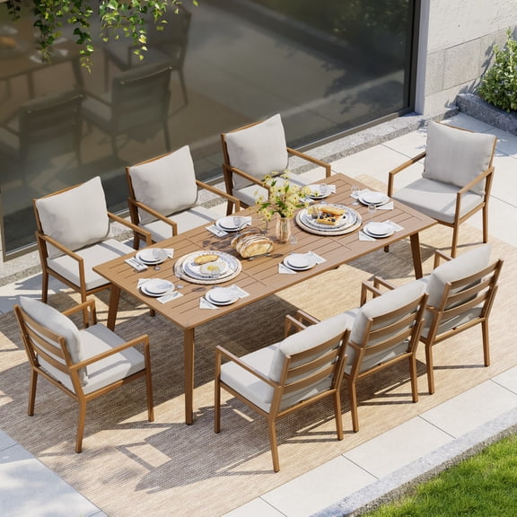 HAPPATIO Outdoor Dining Set, 9-Piece Patio Aluminum Dining Set with Wood-Like Hand-Painted Finish, 8 Chairs with Waterproof Cushions, Easy Assembly for Backyard, Garden, Porch