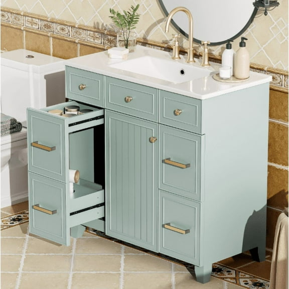 Euroco 36" Bathroom Vanity with Ceramic Sink, Green, Solid Wood Frame, Soft Close Doors, Adjustable Shelves, 3 Drawers ,Including Double-Depth Drawer for Hairdryer Storage