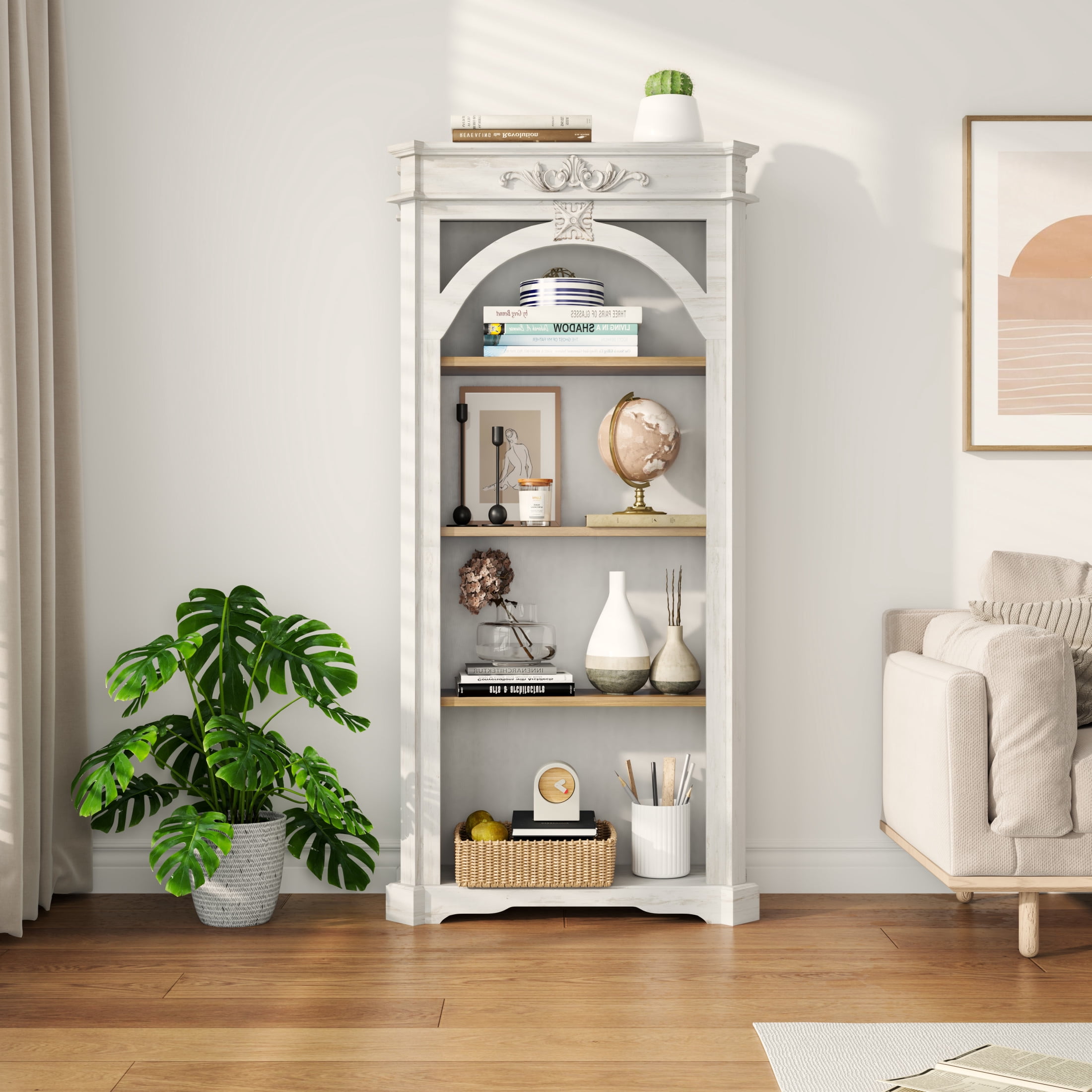 Noble House 65" Antique 4-Tier Bookcase, Tall Open Display Shelf for Home Office, Living Room, White