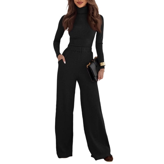 Women's Two-piece Knitwear Set: Turtleneck Knit Pullover   Wide-leg Trousers, Elegant and Cozy for Winter Fashion and Daily Use,Black,L