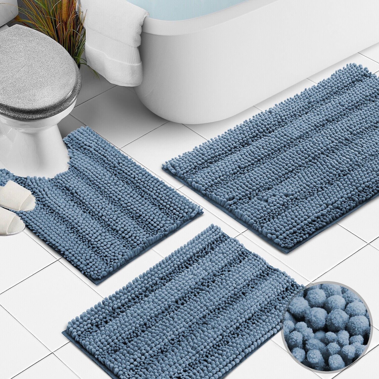 Duck egg blue bathroom rugs, contour rug sets, extra thick bath mats,  anti-slip soft plush chenille shaggy bath mats (50 x 80cm plus 50 x 50cm u)