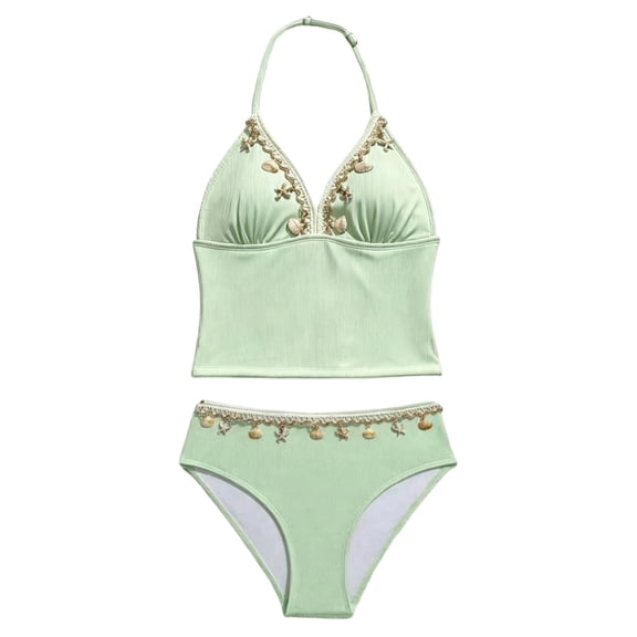 Weebloom Girls Swimsuit Tankini Two Piece Bikini Toddlers Straps Decorative Swimwear With Ruffle Sun Protective Bathing Suit Girls Swimsuits Green 13-14 Years