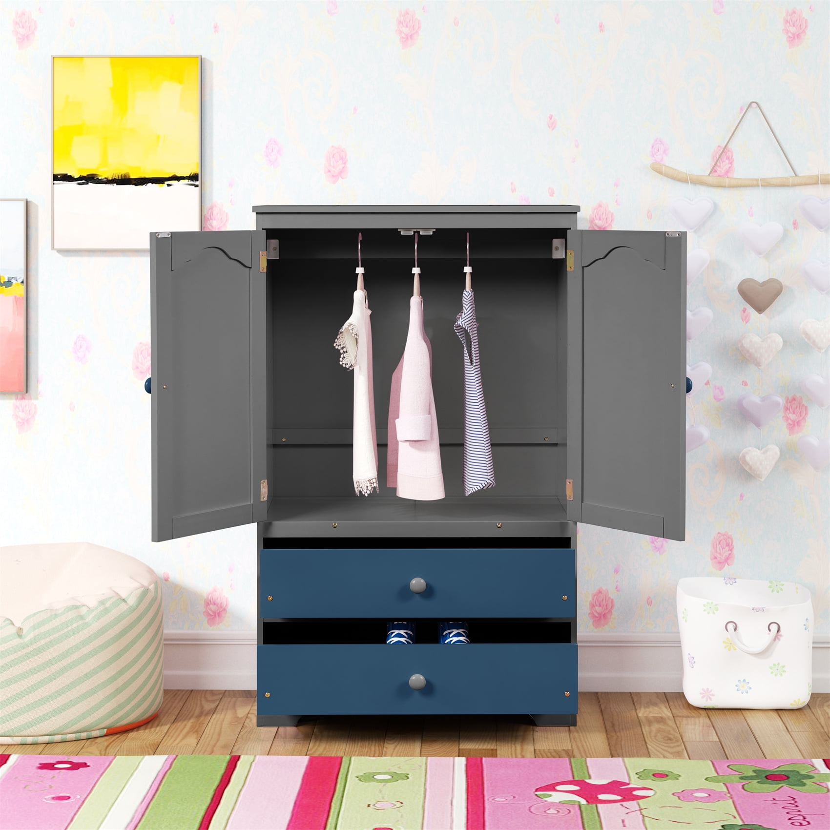 Wardrobe with 2 Drawers, Hanging Rod and A Shelf, Wood Storage