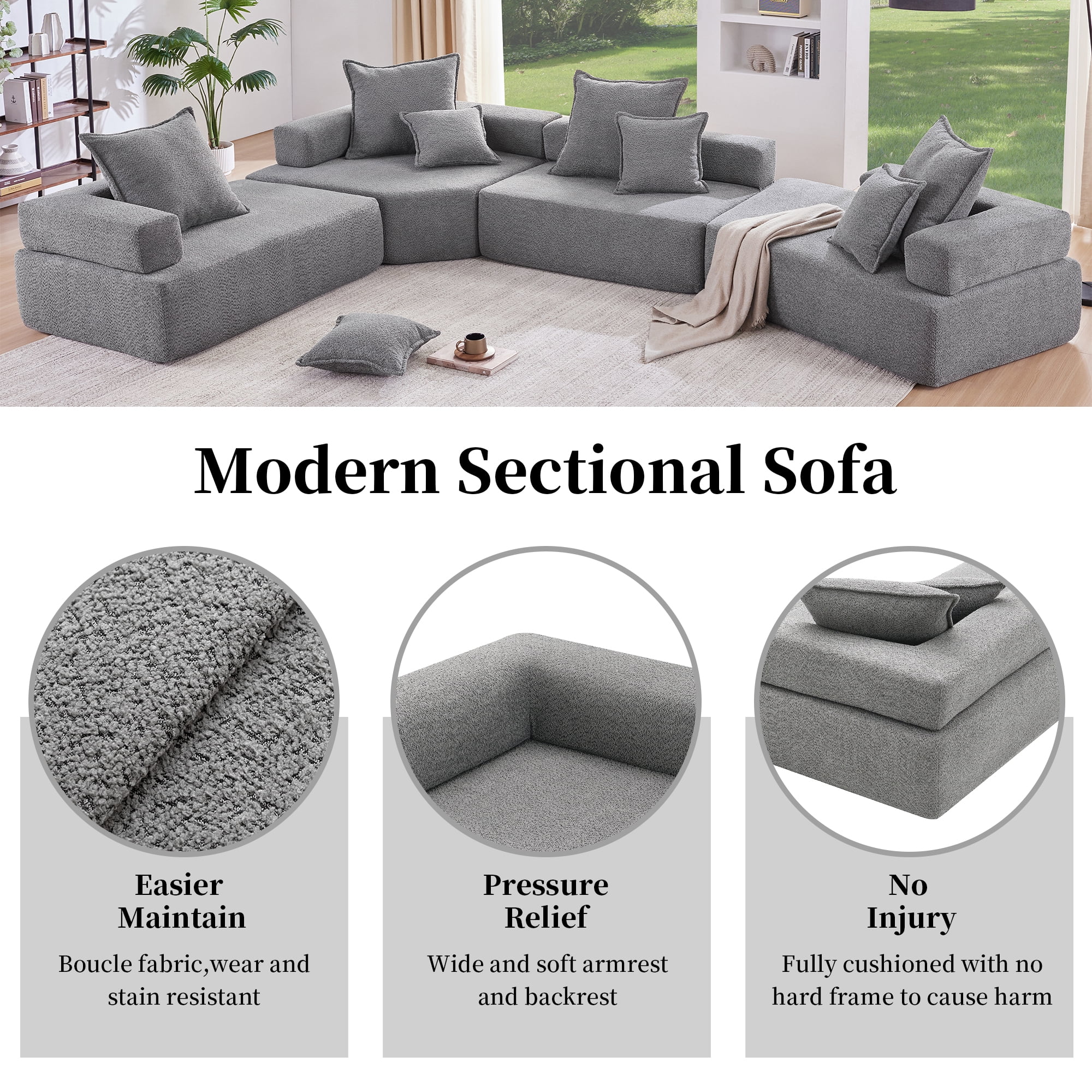 MAYEERTY 156" Oversized U-Shaped Modular Sectional Sofa - Luxury Boucle Convertible Compressed Floor Couch, 4PC Free Combination for Living Room, 2 Colors