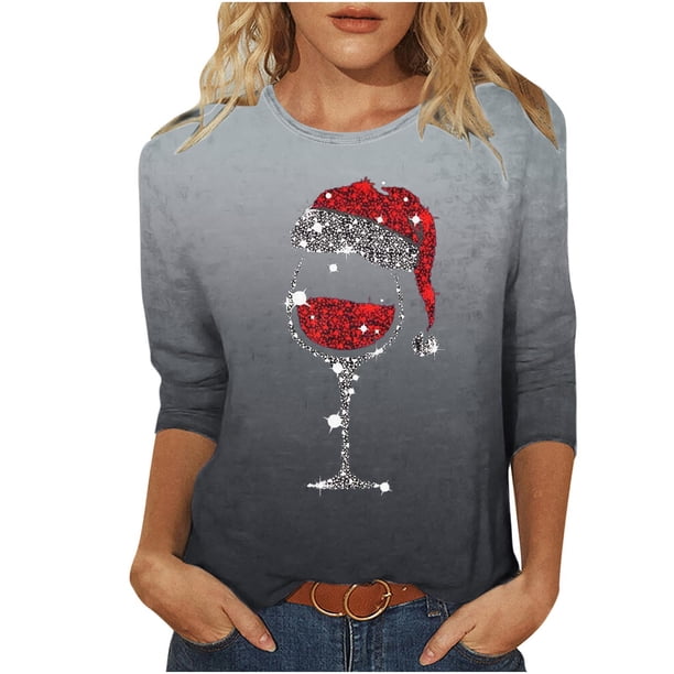 Camisetas de Manga Larga de las Mujeres Imprimir Navidad Cuello Redondo 3/4 Manga Suéter, Top Casual para las Vacaciones