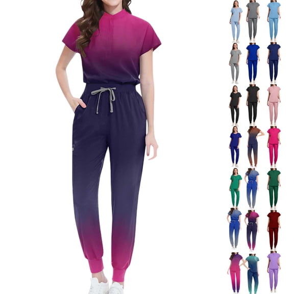 Vibrex Women's Scrub Set: Women's Solid Color Casual Nurse Protective Uniform Short Sleeved Round Neck Shirt Set Multi-Pocket, Loose-Fit Uniform for Nurses, Caregivers, Medical Staff