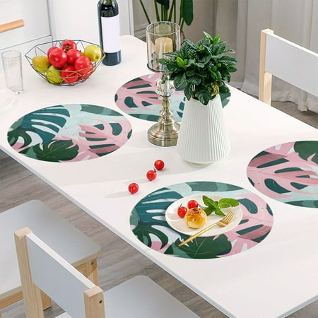 

Round Grid Placemat One Sizex1 Round Placemat PVC Plate Mat，15.4 Inch Non-Slip and Heat Resistant Table Placemat Dining Room Placemat Hawaiian Leaf