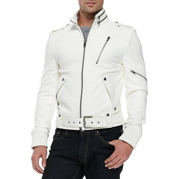 Men's Genuine Lambskin Leather White Jacket Slim fit Moto Biker jacket A469