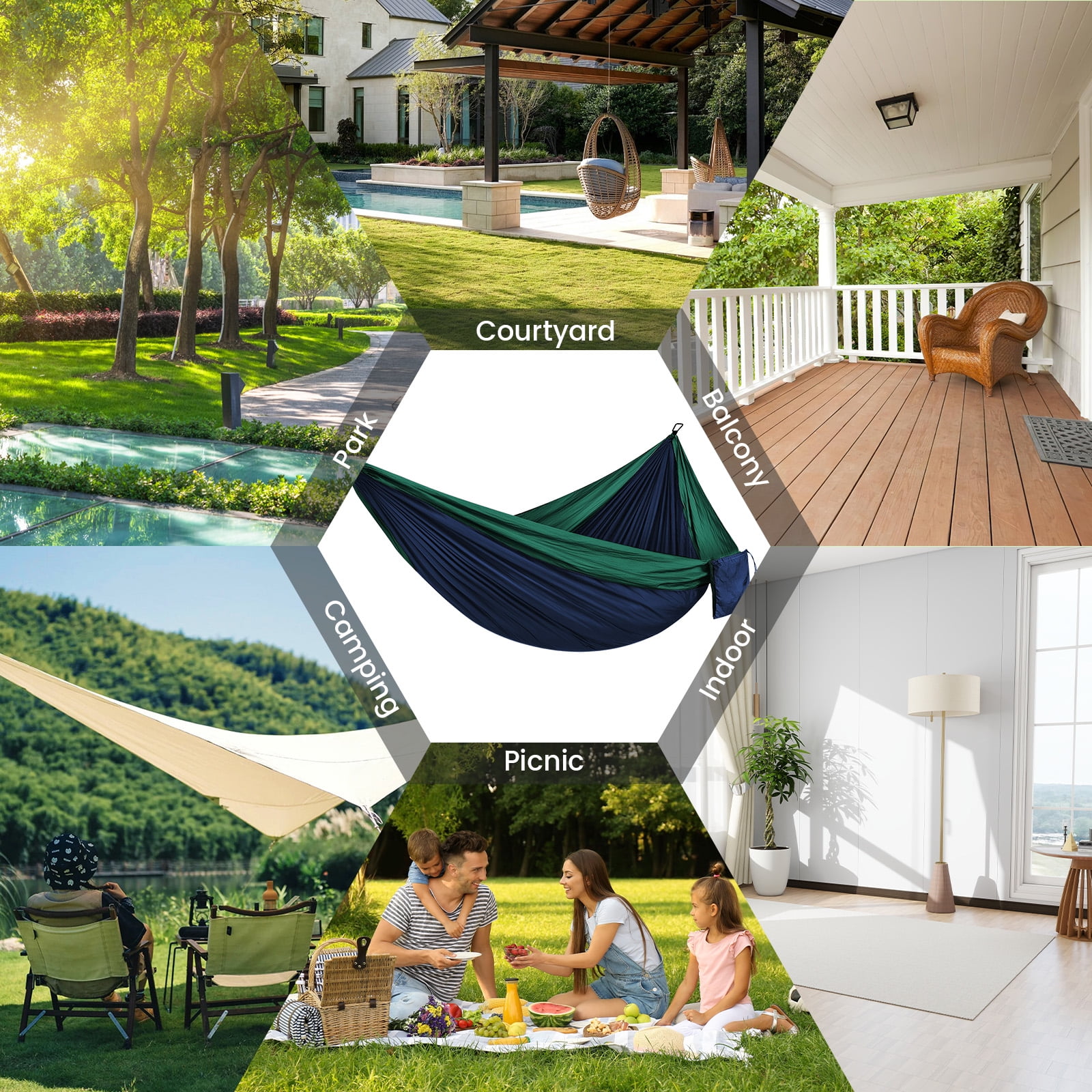 Topchances Camping Hammock, 210T Nylon Lightweight Single Hammock with 2 Tree Straps and Carry Bag, Great for Outdoor, Indoor Beach, Camping, Green & Navy