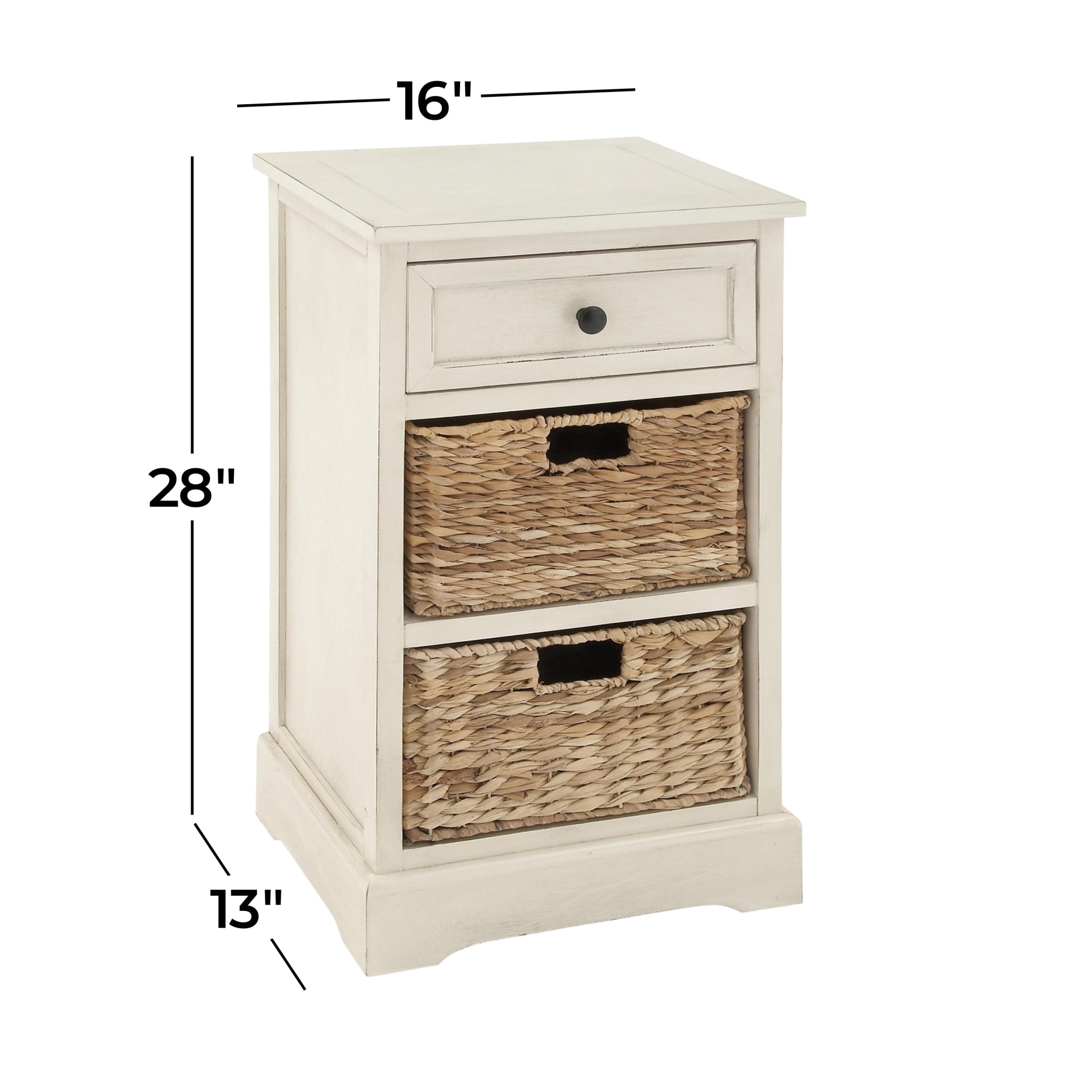 DecMode 16" x 28" Cream Wood 1 Drawer Storage Unit with 2 Wicker Basket Drawers, 1-Piece