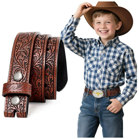 WHIPPY Western Leather Belt Strap for Kids Boys Girls Cowboy Cowgirl Embossed Belt Strap without Buckle