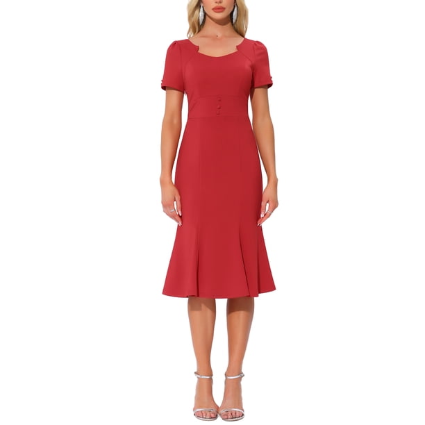 INSPIRE CHIC Vestido de Sheath para Mujeres, Vestido de Cóctel de Fiesta, Estilo Vintage de los Años 50, Decoración de Botones, Vestido Midi de Sirena con Volantes, Rojo