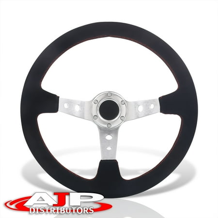AJP Distributors Universal 350mm 14  Black Suede 6 Bolts Holes Steering Wheel Red Stitching Light Weight Aluminum Deep Dish Spokes + Horn Button JDM Drifting Sport Grip Replacement