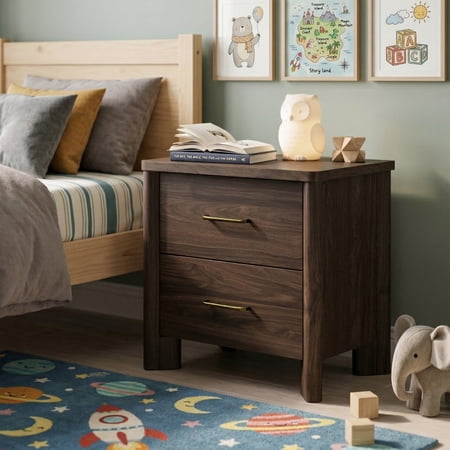 Furniture of America Gracie Modern Wood 2-Drawer Kids Nightstand with USB Ports, Walnut