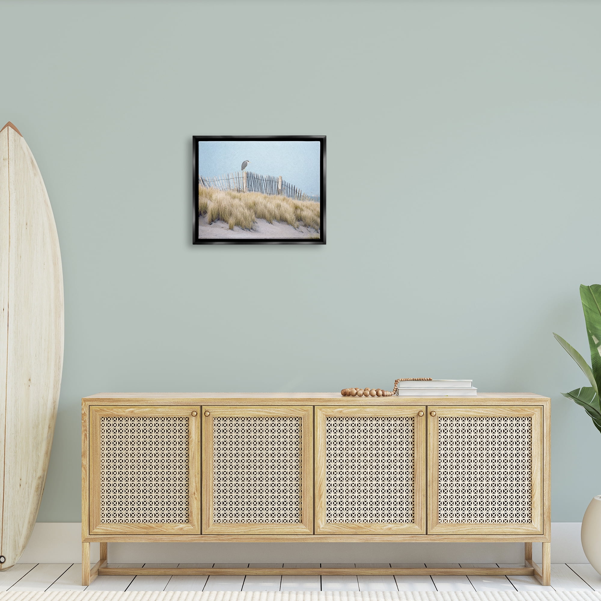 Stupell Bird Perched Nautical Beach Fence Landscape Painting Black Floater Framed Art Print Wall Art