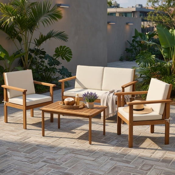 Hommoo 4-Piece Outdoor Patio Furniture Set, Acacia Wood Loveseat, 2 Armchairs & Coffee Table with Polyester Cushions, White