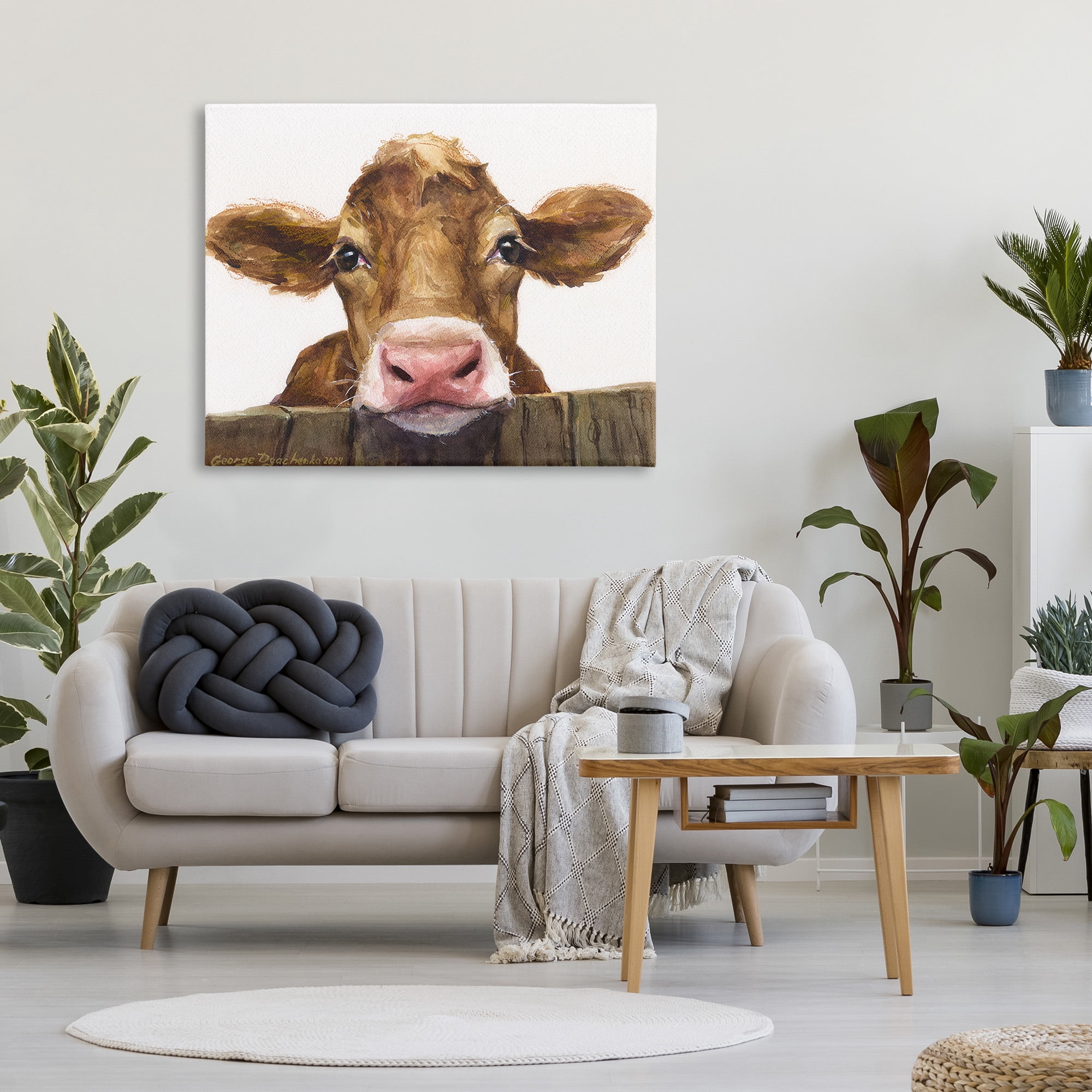 Stupell Industries Cow Resting on Fence Animals & Insects Painting Gallery Wrapped Canvas Art Print Wall Art, 48 x 36