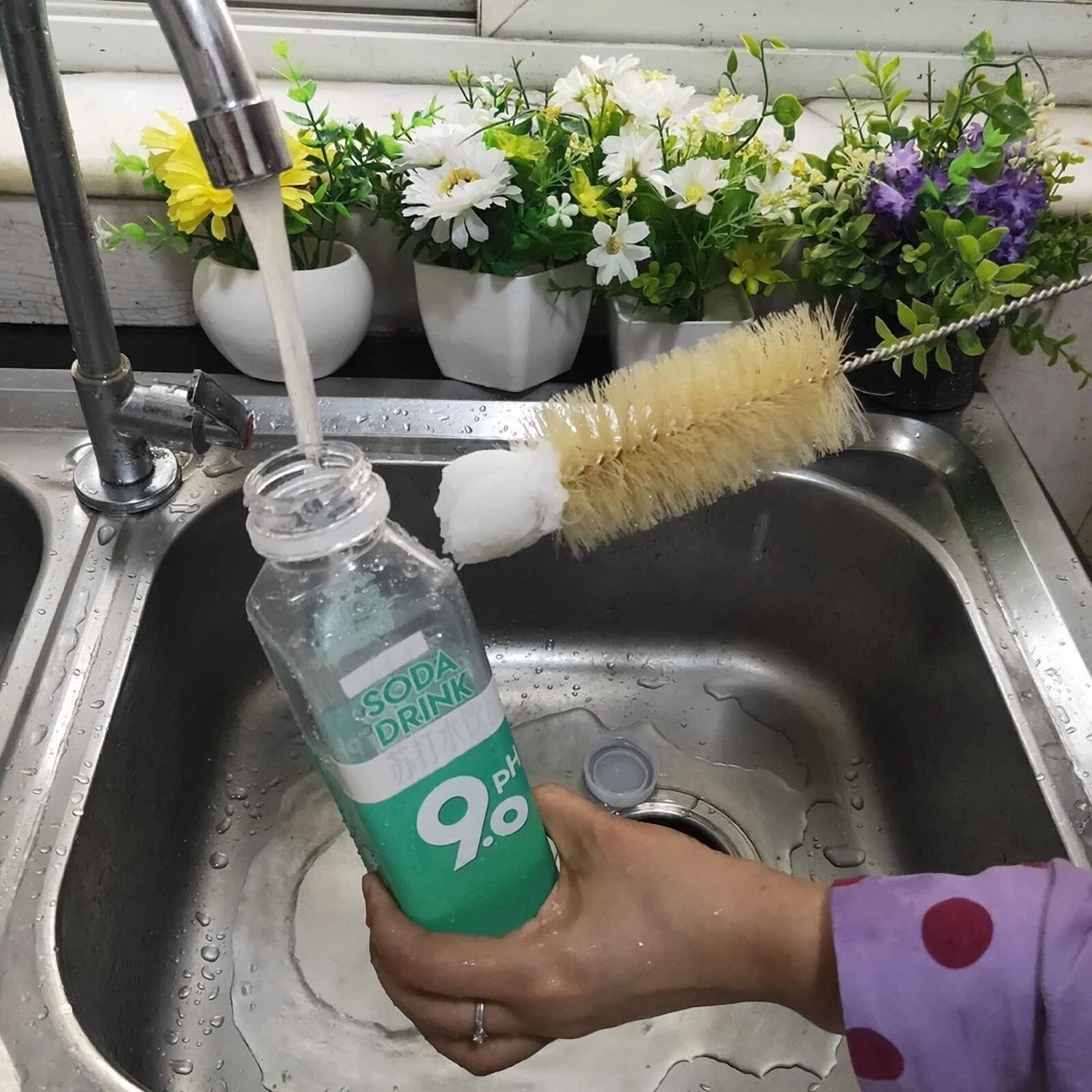 Stainless Steel Soda Bottle Cleaning Brush Set In Natural Boar Bristle Flexible