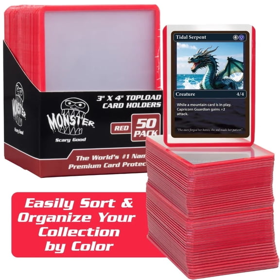 Monster Top Loaders for Trading Cards - 50 Count 3x4" Clear Hard Plastic Protector (Red Border) - Sort Your Cards by Color- Compatible w MTG, Magic Gathering, Yugioh, Sports & More