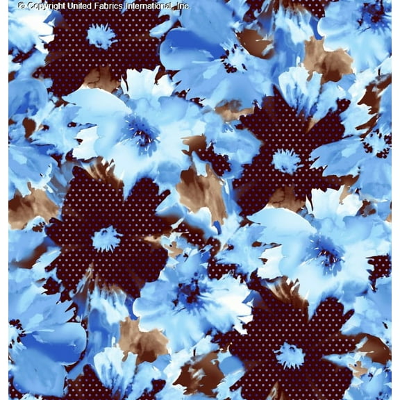 Chiffon Printed Large Floral Anticipated Sheer Dress Fabric by the Yard (CHOCO/BLUE/MOCHA, HalfaYard)