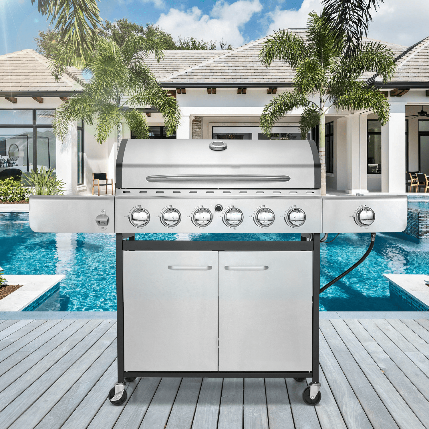 Erinnyees 6-Burner Propane Gas Grill Stainless Steel with Side Burner, Outdoor Cooking BBQ Grills Cabinet