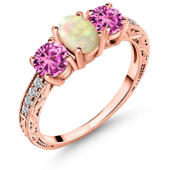Gem Stone King 1.73 Cttw Oval Cabochon White Ethiopian Opal Pink Created Sapphire 18K Rose Gold Plated Silver Ring for Women | Wedding Engagement Anniversary Promise Ring for Women | Size 6