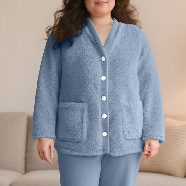 Timegard Womens Winter Coats Fuzzy Fleece Warm Pajamas Tops Button down Loungewear Comfy Thick Pjs