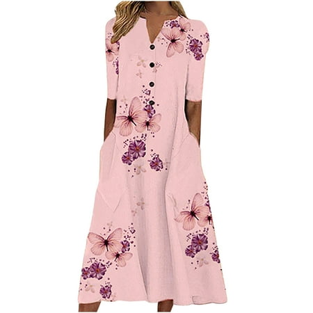 Summer Savings Clearance 2022! BEFOKA Spring Dresses Fashion Women Casual Loose Butterfly Printing V-Neck Half Sleeve Button Pockets Long Dress Pink XXL