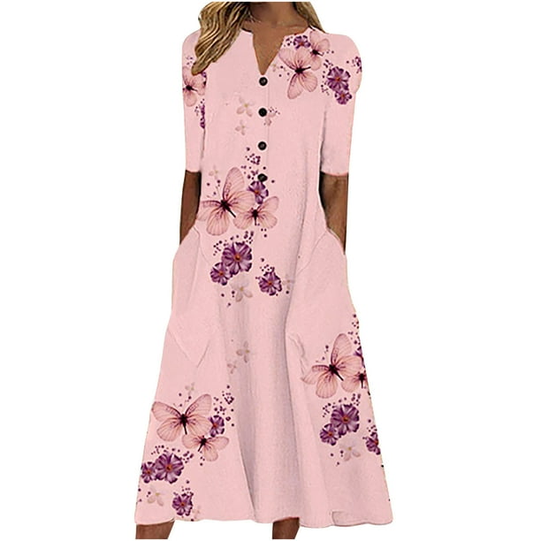 Vestido largo con bolsillos y botones de manga corta con cuello en V y estampado de mariposa suelto informal para mujer a la moda Fridja NMB3992