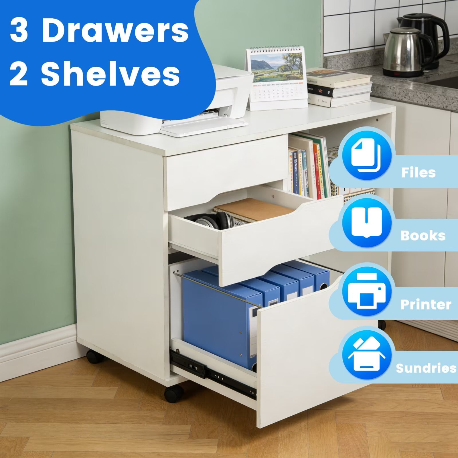 YRLLENSDAN Rolling File Cabinet with Shelves, Wooden Storage Cabinet with 3 Drawers, Lateral Printer Stand with Storage for Home office, White