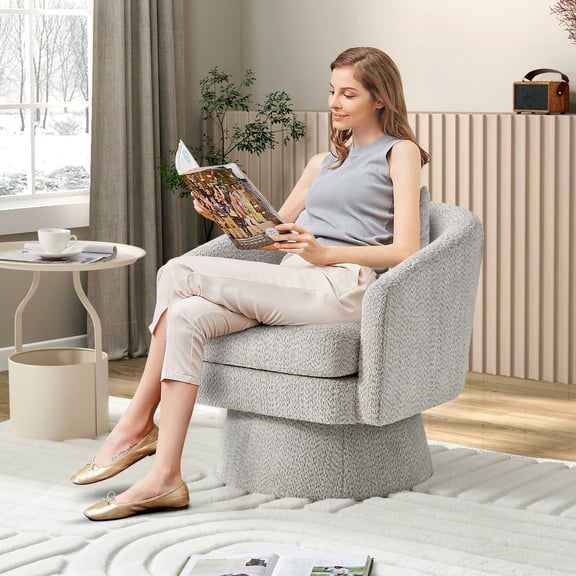 Swivel Accent Lounge Chair with Arms, Round Soft Chenille Fabric Leisure Armchair with Padded Cushion, Comfort Reading Chair for Living Room & Bedroom
