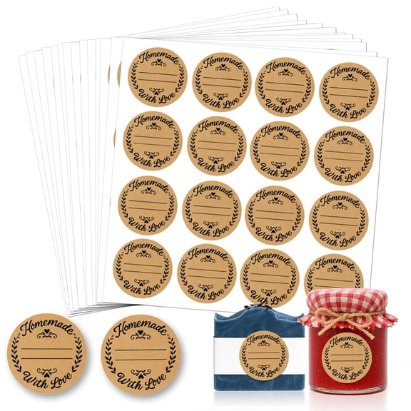 320 Pcs Homemade with Love Stickers 2 Inch Round Kraft Home Made Labels Jar Canning Label Stickers Self-Adhesive Packaging Sticker