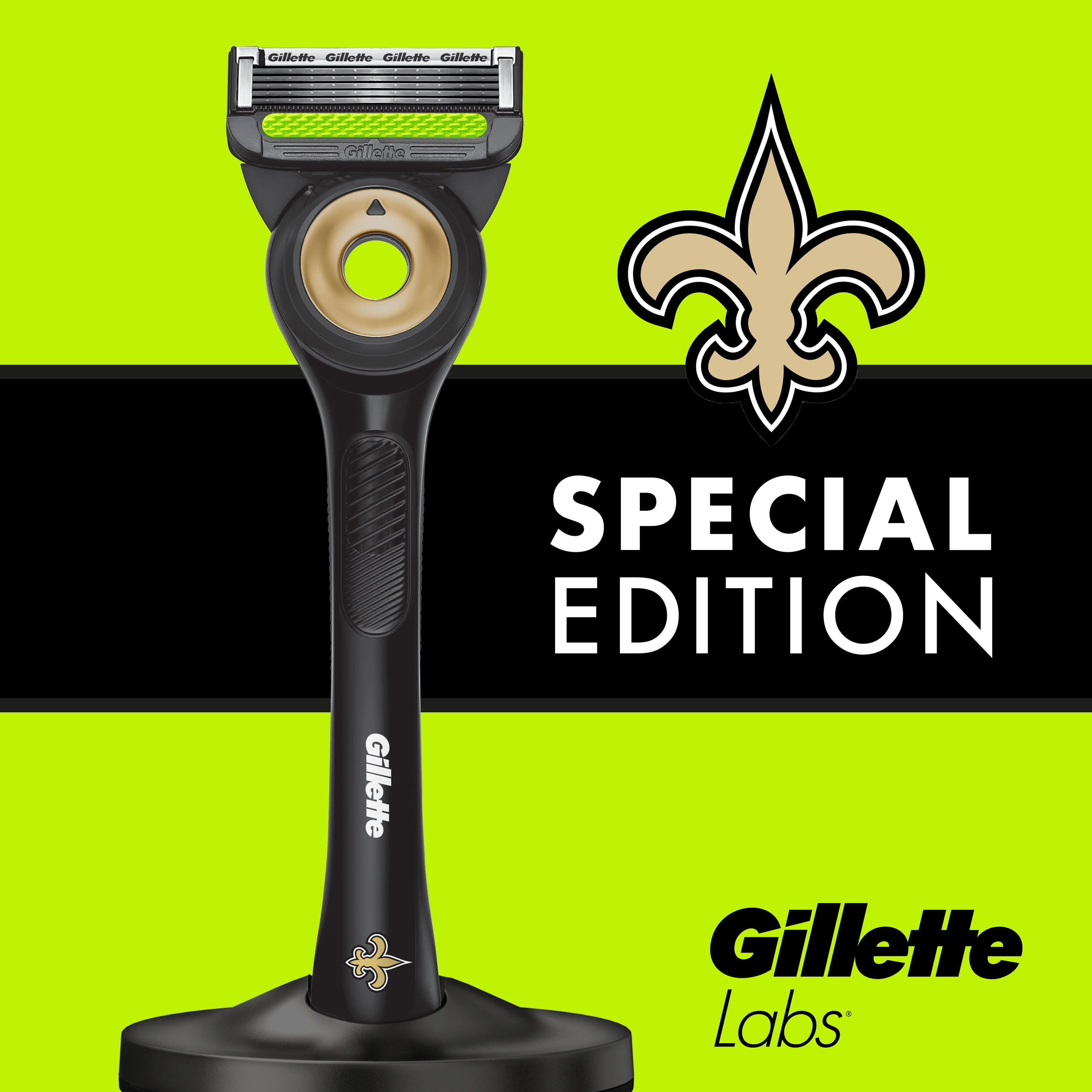 Gillette Labs Official Saints Licensed Razor for Men, Perfect for Game Day Grooming, Gillette Labs with Exfoliating Bar, 1 Handle, 4 Blade Refills, with Magnetic Stand