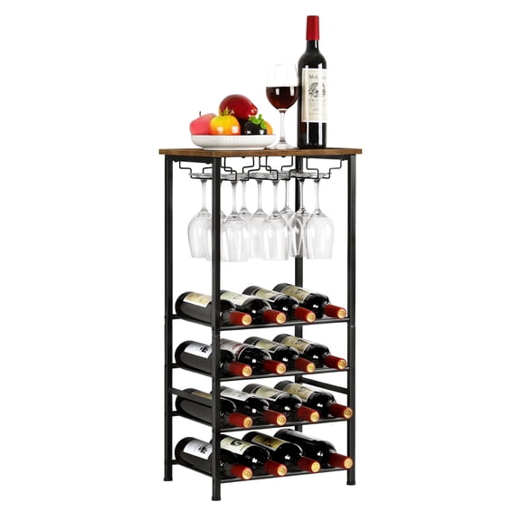 16-Bottle Wine Rack with Glass Holder & Wooden Top Multifunctional Storage Shelf for Kitchen, Living Room & Dining Area