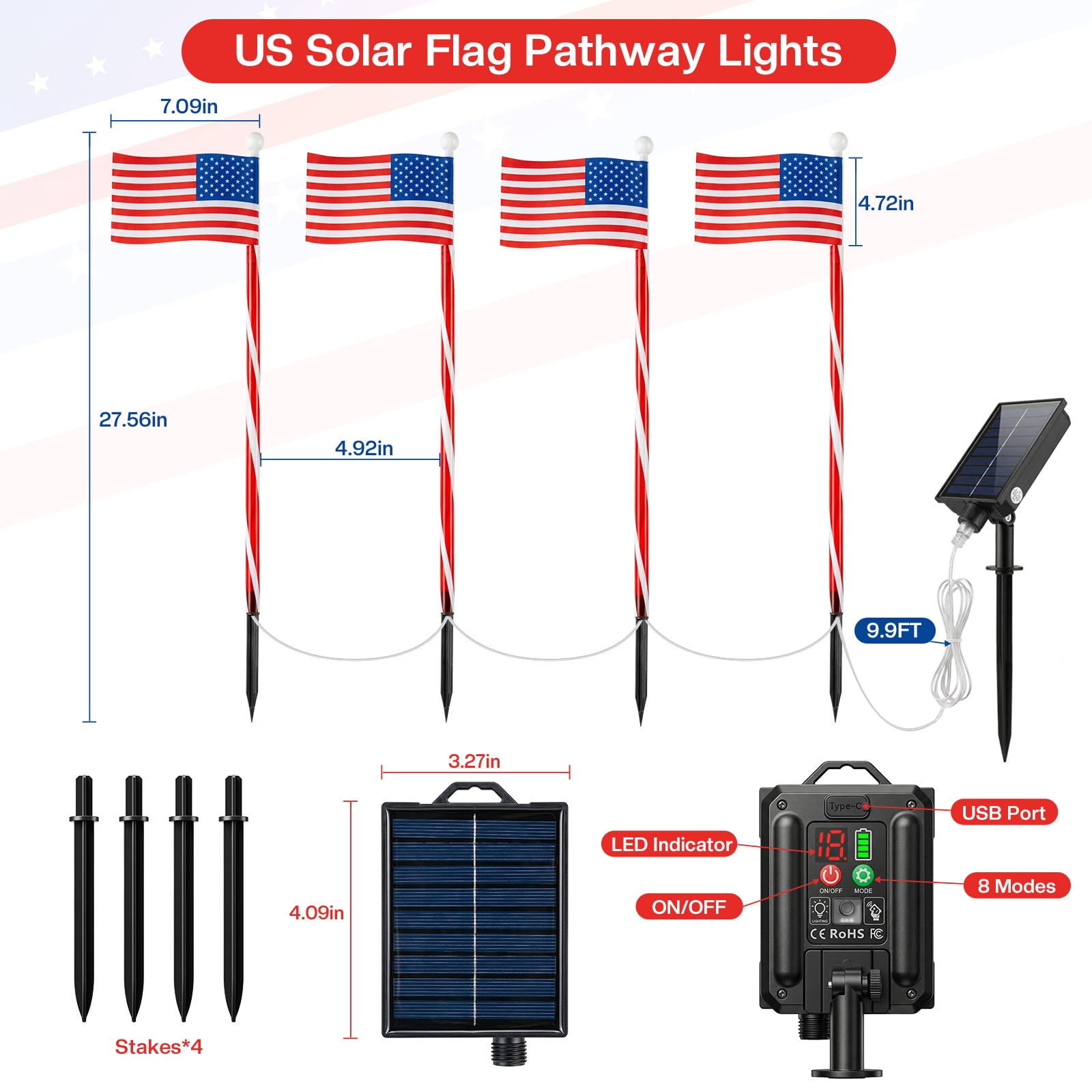 4 Pack Solar American Flag Lights Outdoor LED Patriotic Flag Stake Lights with Remote 2 Modes Dimmable Rechargeable 4th of July Decorations for Yard Garden Lawn America 250