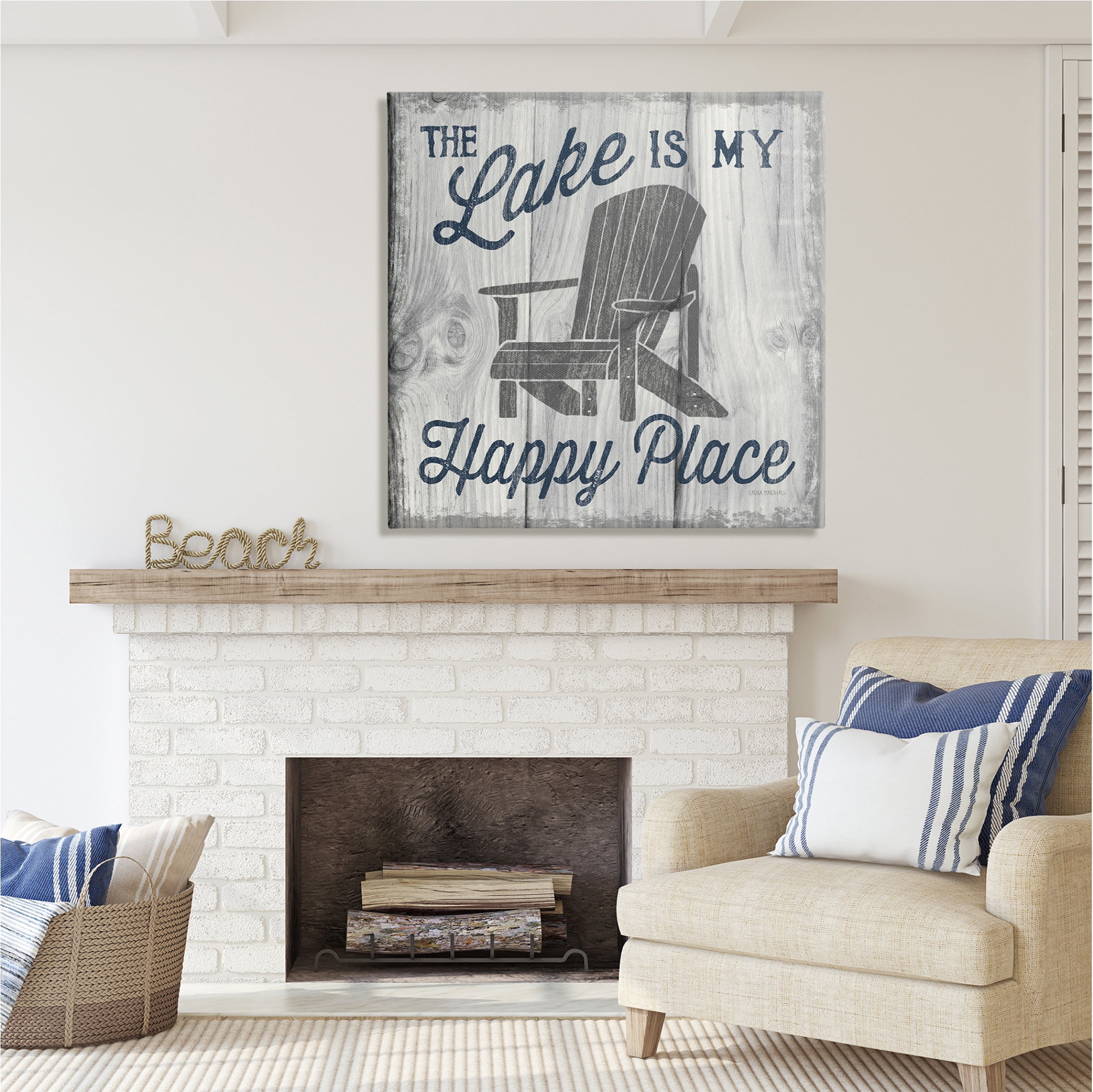 Stupell Industries Happy Place Lake Phrase Inspirational Painting Gallery Wrapped Canvas Print Wall Art, 36 x 36