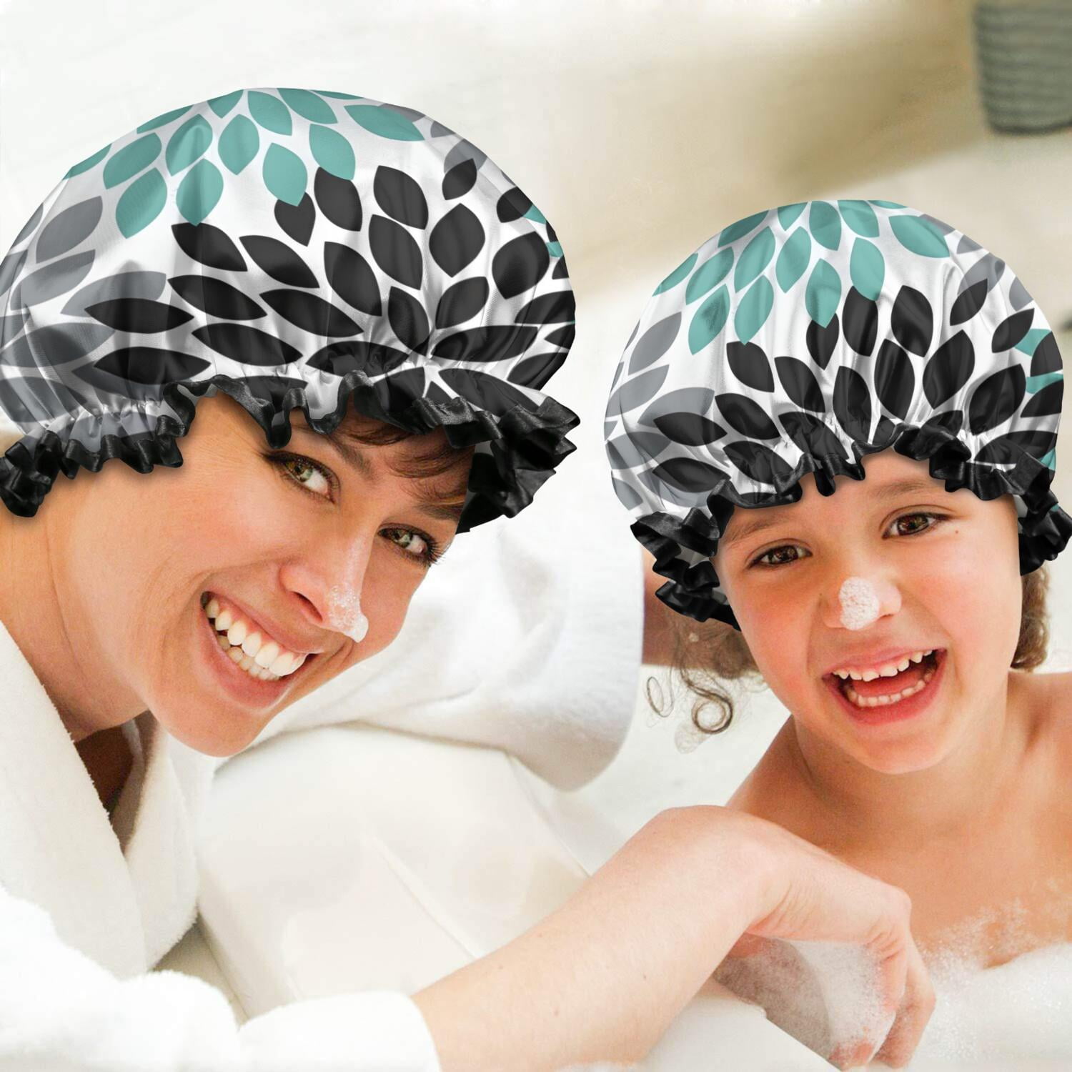Shower Caps,Simple Petal Shaped Geometric Floral Pattern Waterproof Shower Cap for Women 4 Pieces,Double Reusable Hair Cover for Shower PEVA Elastic Stretch Hem