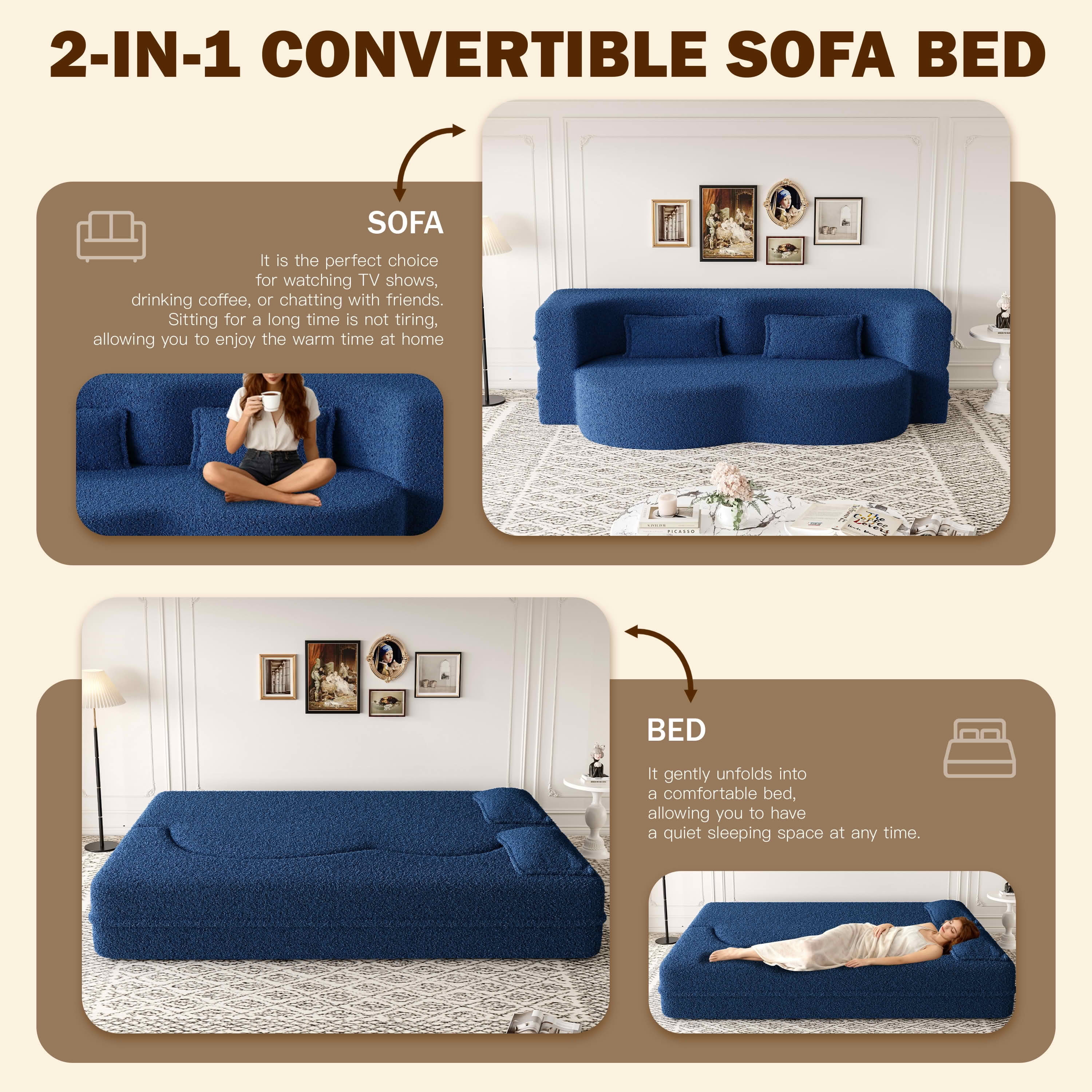 MAYEERTY Sherpa Floor Sofa Bed, Full Size Foldable Foam Sleeper Mattress with 2 Pillows, Zero Assembly Space Saving Guest Bed