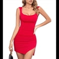 thumbnail image 3 of Vestido Mini de Verano para Mujer, Sin Mangas, con Lazo en la Cintura, Escote Cuadrado, Espalda Descubierta, Abertura en el Dobladillo, Fruncido y Ajustado. Rojo S, 3 of 10