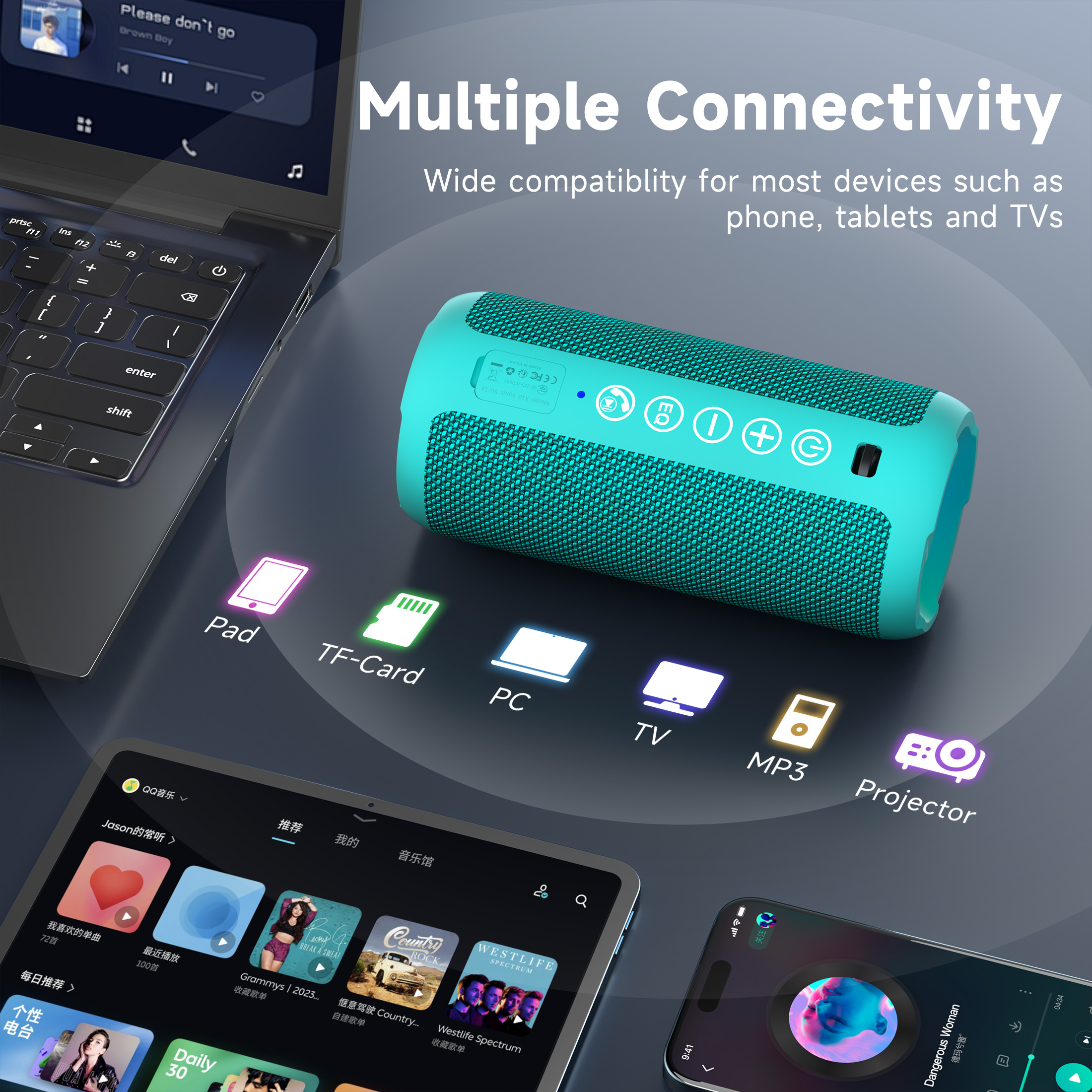 Solorage Portable Bluetooth Speaker IPX7 Waterproof, 24W Loud Sound, Deep Bass, Bluetooth 5.3, 30H Playtime, Wireless Stereo Pairing, LED Lights, for Home/Beach/Party/Outdoors-Blue Green