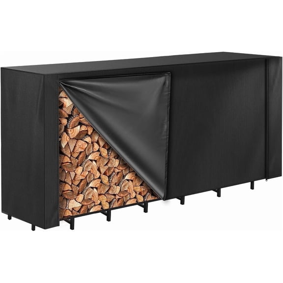 Smlper Firewood Rack Cover 8FT, Waterproof Firewood Rack Outdoor Cover with Full Front Zipper & Windproof Straps, Heavy Duty 420D Oxford Log Protector for All Seasons(Black)