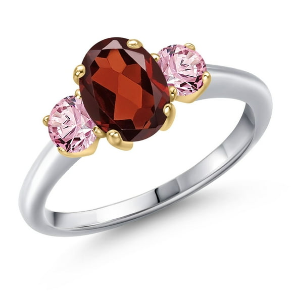 Gem Stone King 925 Silver and 10K Yellow Gold Red Garnet and Pink Lab Grown Diamond Engagement Ring for Women | 2.00 Cttw | Oval 8X6MM | Gemstone January Birthstone | Size 7
