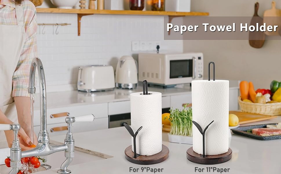 Paper Towel Holder Countertop, Wood Paper Towel Holder Stand, Easy One-Handed Tear Rustic Paper Roll Holder for Kitchen Dining Table Home Decor, High Model Easy to Install