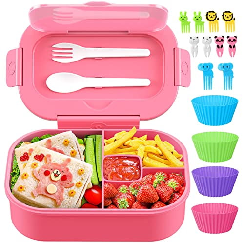 Lonchera Bento de 1,2 litros con 4 compartimentos y cubiertos para niños, adultos y niños pequeños. A prueba de fugas, apta para microondas, lavavajillas y refrigerador. Sin BPA (rosa).