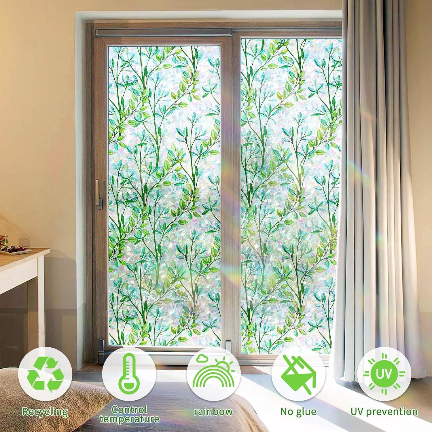 FILMGOO Rainbow Green Leaf Window Privacy Film, Static Cling Non-Adhesive Decorative Window Film, Heat Control Anti UV Window Tint for Home, 29.5in x 6.5ft