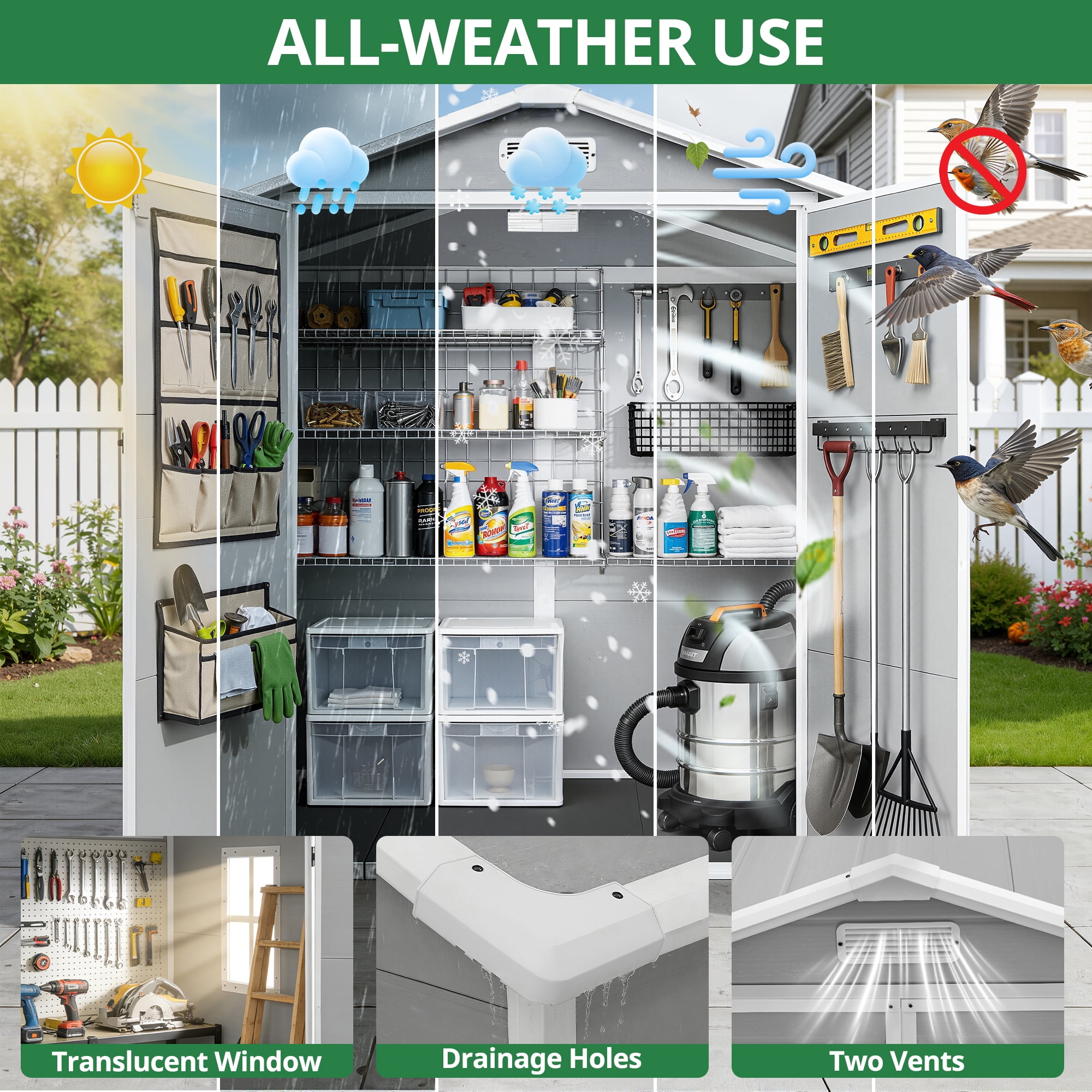 6×4.4ft Outdoor Shed & Storage, Seizeen All-Weather Plastic Sheds with Floor, Sloped Top Garden Shed with Window, Lockable Double Door Resin Patio Storage for Garage Backyard Bike Mower