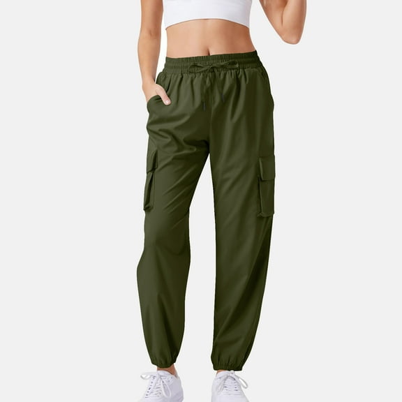 Women's Casual Cargo Pants Solid Color Drawstring Elastic Waist Multiple Pockets Joggers, Army Green, L